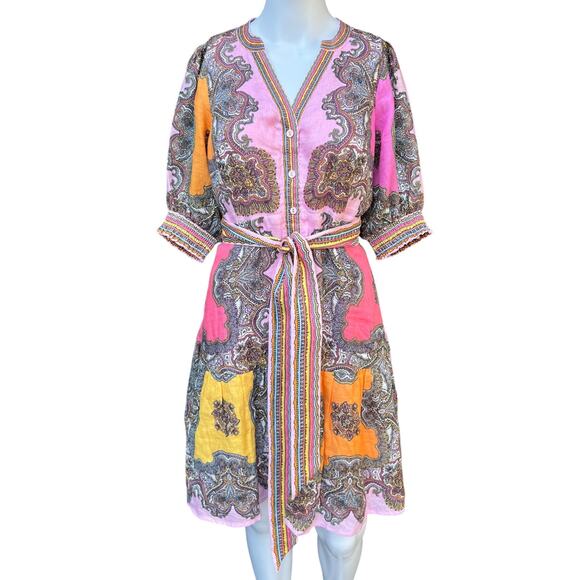 Hale Bob Los Angeles Elianna Pink Paisley Dress Women’s Med 100% Linen - Picture 1 of 8